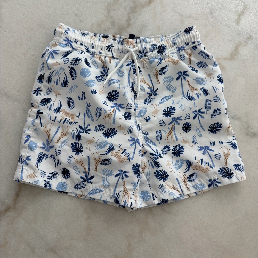 Janie and Jack Blue and Tan Leaf Print Kids Swim Trunks